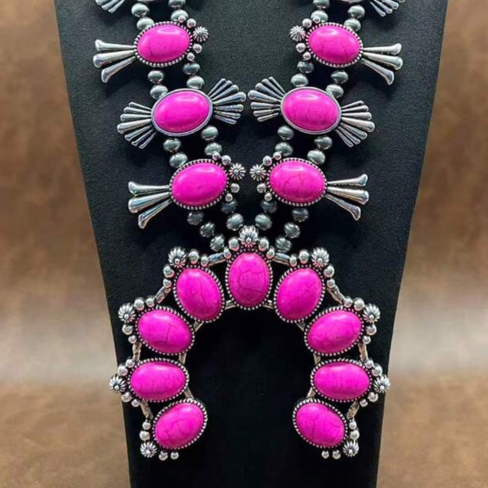 New Southwestern Boho Squash Blossom Naja Pink & Silver Statement Necklace - Picture 3 of 14